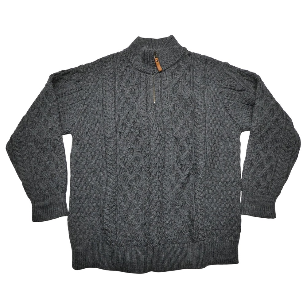 Aran Crafts Sweater Mens XL Gray Merino Wool Cable Knit 1/4 Zip Mock Neck Irish
